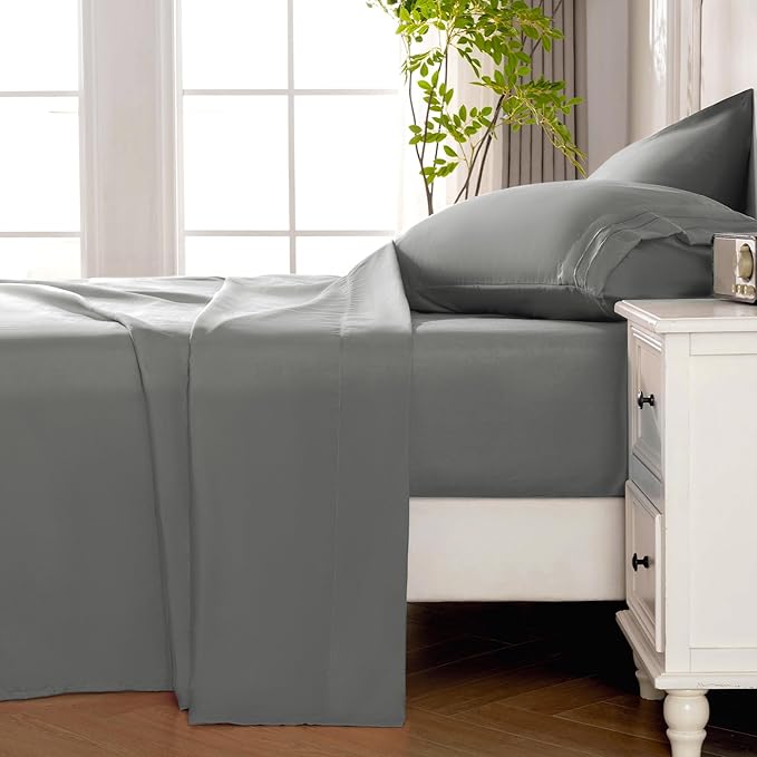 ROSE&RISY Light Grey Full Sheet Set, 4 Pieces Soft Bedding Queen Sheet Set, Breathable and Cooling, Includes 1 Fitted Sheet, 1 Flat Sheet, 2 Pillow Cases - Deep Pocket (Light Grey, Full)