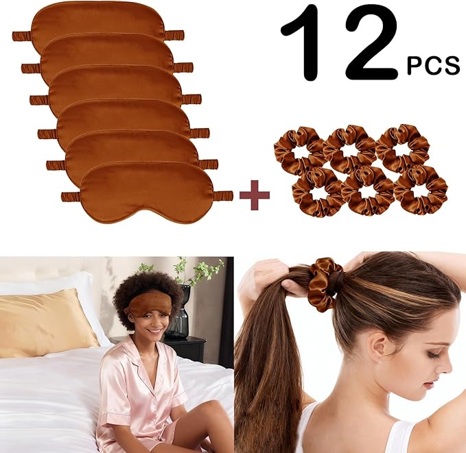 12Pcs Silk Sleep Masks Satin Eye Mask Silky Eyes Cover Blindfold Eyeshade Hair Ties Scrunchy Travel Bridesmaids Gifts