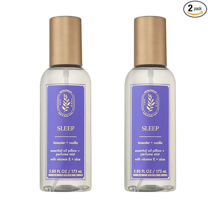 Bath & Body Works Aromatherapy Lavender Vanilla Essential Oil Mist, Body Spray with Vitamin E and Aloe, Pillow Spray for Calming Bedtime Relaxation, 5.3 fl oz - 2 Pack