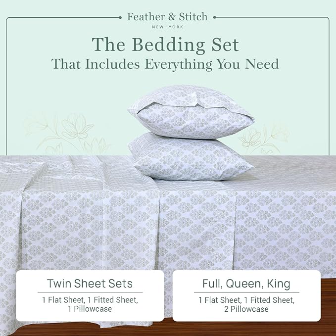 Feather & Stitch Softest 100% Cotton Sheets, 300 Thread Count Percale Weave Bedding, 16" Deep Pocket, Cooling Sheets, Breathable Bed Set, Hotel Premium Quality (Full, Royal Aura)