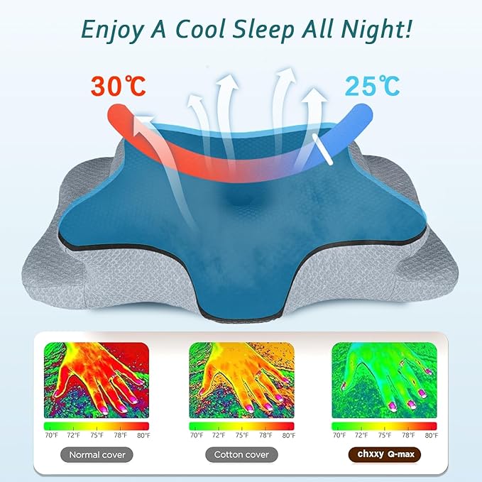 CHxxy Cervical Neck Pillow for Pain Relief Sleeping, Memory Foam Pillows, Ergonomic Side Sleeper Pillows, Cooling Orthopedic Neck Support Pillow for Back Stomach Sleepers-Queen Size Black&Grey