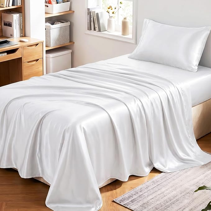 CozyLux Satin Sheets Twin Sheet Set - 3 Piece Silky Twin Bed Sheets, Luxury White Sheet Twin Size Bed Set with Smooth and Soft Microfiber, Includes 1 Fitted Sheet, 1 Flat Sheet and 1 Pillowcase