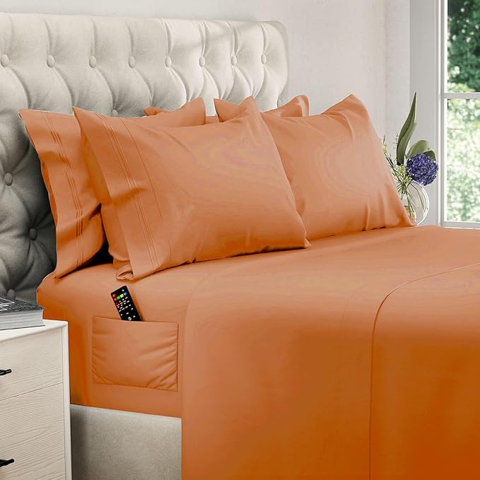DREAMCARE King Size Sheets Set - 6 pcs Breathable Cooling Bed Sheets -up to 21" Extra Deep Pocket King Sheet Set with Side Pockets Extra Soft 100% Brushed Hypoallergenic Hotel Luxury Bedding Terracota