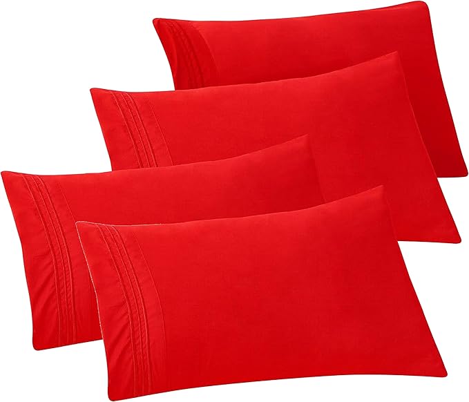 Elegant Comfort 4-PACK Solid Pillowcases 1500 Premium Hotel Quality Microfiber - Smooth Weave, Wrinkle and Stain Resistant, Easy Slip-On, 4-Piece Set, King Pillowcase, Red