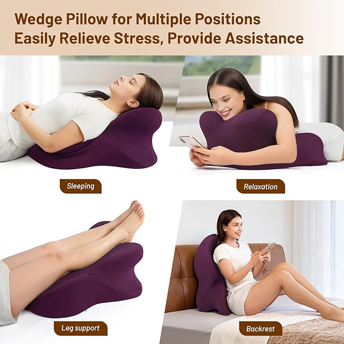 Memory Foam Ergonomic Wedge Pillow, Reading Pillow for Bed, Headboard Pillow Support for Back Pain, Acid Reflux & Sitting Up, Ideal for Massage with Removable Cover-Purple