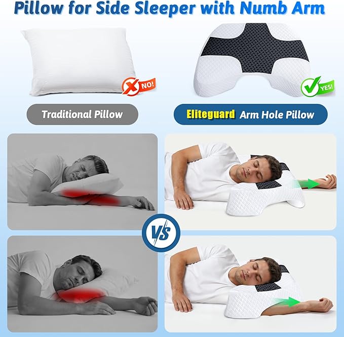 Side Sleeper Pillow with Arm Hole, Shoulder Relief System, Arm Pillow for Neck and Shoulder Pain, Premium Memory Foam, Suitable for Side, Back and Stomach Sleepers - White, 7.1in Height