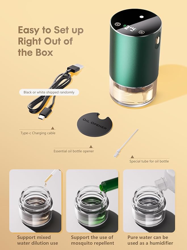 Waterless Essential Oil Diffuser - Rechargeable Scent Diffuser for Home and Car Diffuser, Portable Waterless Diffuser with Home/Car Mode 4 Mist Time Level and Timer Setting, Pure Scent