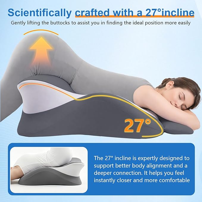 Memory Foam Wedge Pillow, Ergonomic Contoured Intimacy Couples Pillow, 27° Angled Neck Support Pillow Back Support Cushion, Multi-Functional Bed Position Pillow with Removable Cover Double Grey