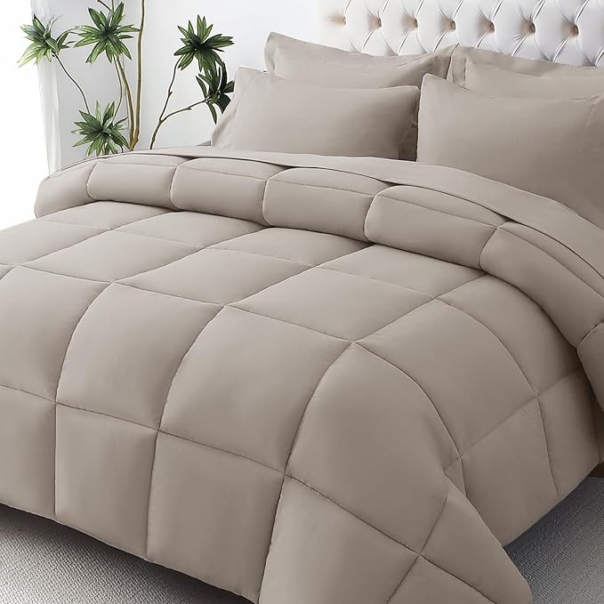 JOLLYVOGUE Twin XL Comforter Set, Ultra-Soft Bed in a Bag Twin XL Size 5 Pieces, Oeko-TEX Certified Bedding Set with Down Alternative Comforter, Sheets, Pillowcases & Shams, Khaki