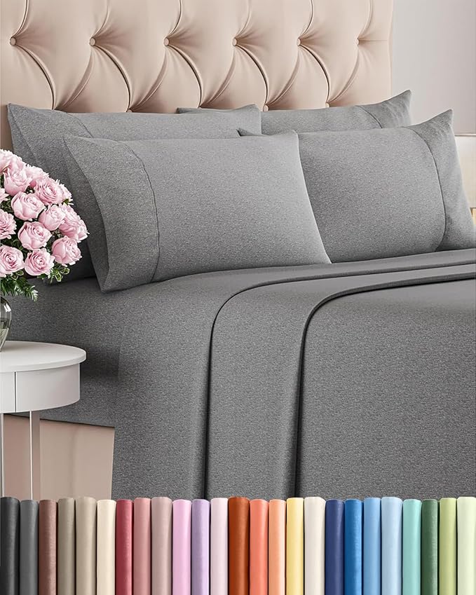 King 6 Piece Sheet Set - Comfy, Breathable & Cooling - Soft Hotel Luxury Bedding for Women, Men, Kids, Teens and Children - 1 Flat & 1 Fitted Sheet & 4 Pillowcases with Deep Pockets - Heathered Grey