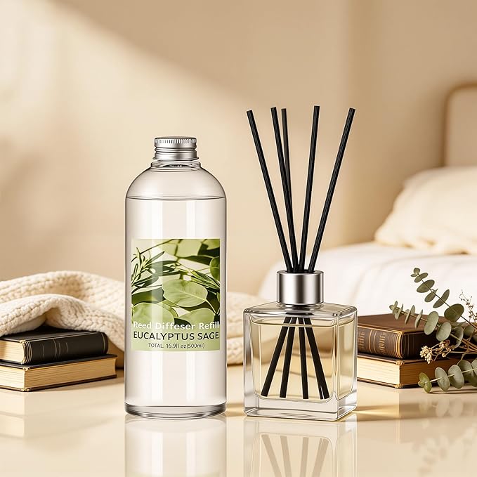 STRN Reed Diffuser Refill, Eucalyptus and Sage Scent Diffuser 500ml | 16.9 oz with 6 Reed Sticks, Room Fresheners for Home, Long-Lasting Fragrance for Living Room, Bedroom, Office