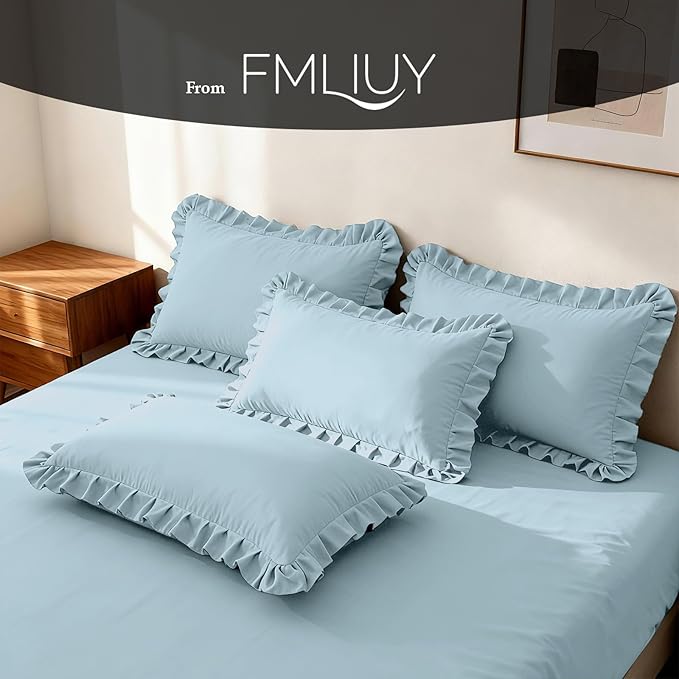 Ruffled Body Pillow Pillowcases Set of 2 – Soft Wrinkle Resistant Brushed Microfiber Body Pillowcases –Envelope Pillow Shams Festive Gift for Hotels, Guest Rooms 20x54 Inch (Baby Blue)