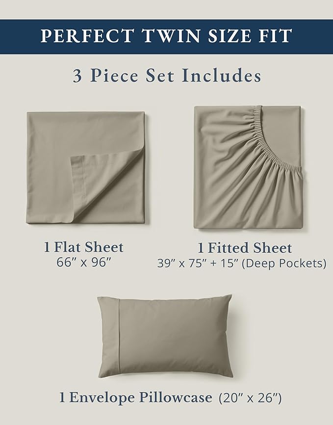 LANE LINEN 100% Organic Cotton Sheets Twin Size, Soft & Comfy Mercerized Fully Elasticized Naturally Temperature Regulating Sustainably Produced Luxury Hotel Quality Cotton Twin Sheet Set- Silver