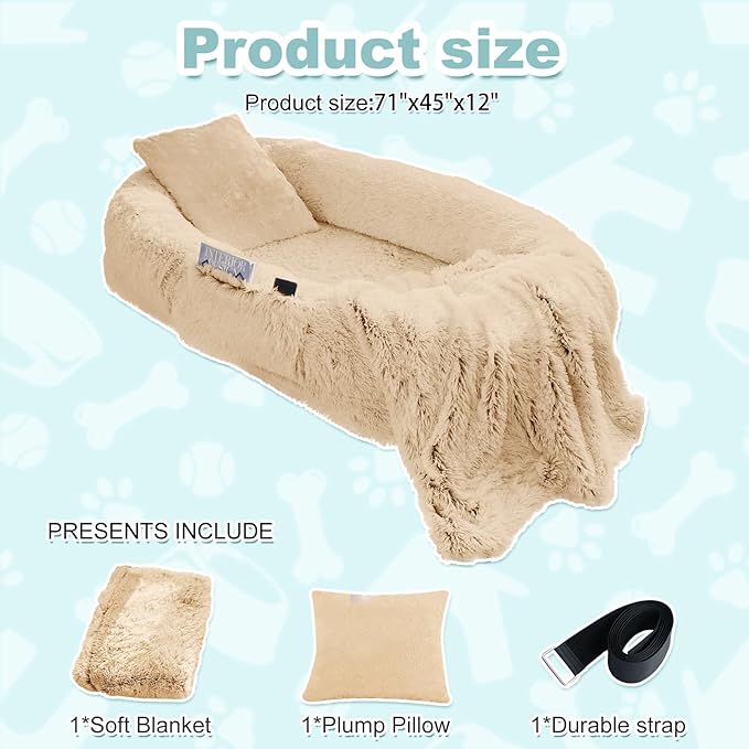 YAEM Human Dog Bed for Adult and Pets - 71"x45"x12" Washable Faux Fur People Dog Beds for Humans, Orthopedic Human Sized Pet Bed with Plump Pillow, Blanket, Beige