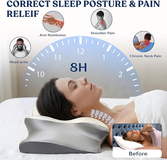 Ergonomic Cervical Neck Pillow for Neck Pain Relief, Side Sleeper Pillow, Orthopedic Pillow, Sleep Apnea Pillow, Cooling Cervical Neck Pillow, Butterfly Contour Pillow with Silk Cover & Travel Bag
