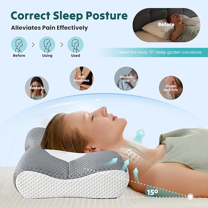 NEWBULIG Cervical Neck Pillow - Ergonomic Memory Foam Pillow for Neck Pain Relief, Contour Orthopedic Bed Pillow for Side, Back & Stomach Sleepers with Neck Support, 24.82" Lx14.62 W, Grey