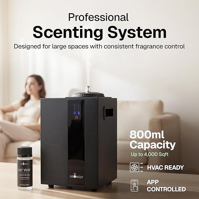 AROMELY HVAC Scent Diffuser – Nebulizing Waterless Diffuser for Home, Office, Large Room & Commercial Use – Smart Bluetooth App Controlled, Up to 4,000 SQFT – Cold Air Diffusion Technology – Black