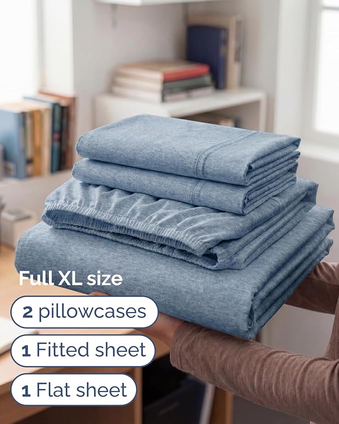 Full XL Bed Sheet - 4 Piece Full XL Bed Sheets Set - Ultra-Soft, Breathable & Cooling - Hotel Luxury Bedding for Women & Men w/ Deep Pockets - Wrinkle Free & Fade Resistant - Oeko-Tex - Heathered Blue