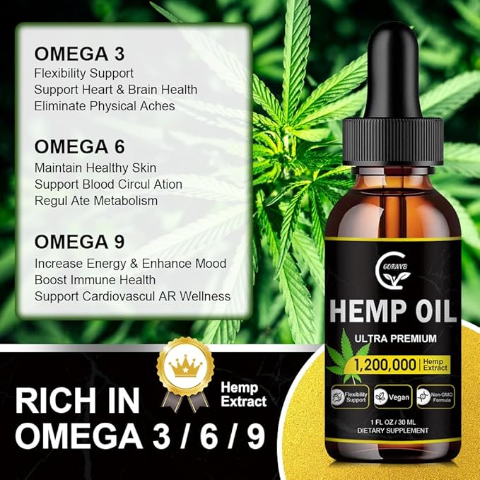 (3-Pack) High Potency Hemp Oil - Maximum Strength, Immune System Support, Focus Calm, Relaxation, Mood, Pure Extract, Organic, Vegan, Non-GMO
