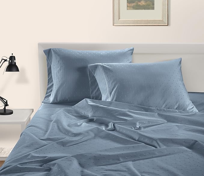 LANE LINEN Pillows Queen Size Set of 2, Soft 100% Egyptian Cotton, Cool & Smooth Pillow Cases - Swiss Dot - French Blue