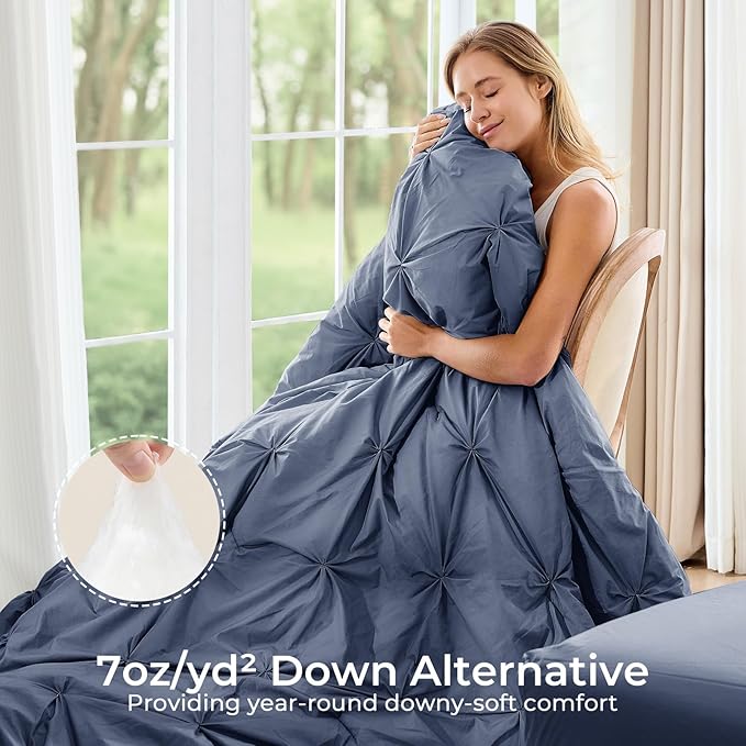 Sasttie Full Size Comforter Set, 7-Piece Bed in a Bag Double, Pintuck Bedding Set for All Season, Includes Comforter, Flat Sheet, Fitted Sheet, Pillowcases and Pillowshams, Indigo Blue