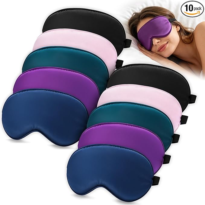 10 Pack Silk Sleep Mask, 5-Color Eye Masks for Sleep with Adjustable Strap, 100% Blackout Blindfold Super Soft Eye Cover for Travel Nap Airplane Home Sleeping, Suitable for Women & Men