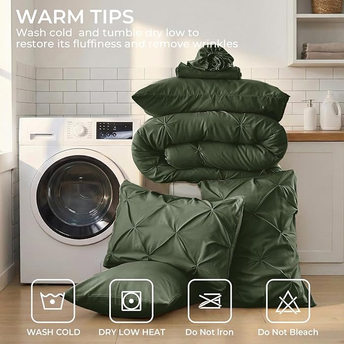 Sasttie King Size Comforter Set, 7-Piece Bed in a Bag, Pintuck Bedding Sets for All Season, Includes Comforter, Flat Sheet, Fitted Sheet, Pillowcases and Pillowshams, Dark Green