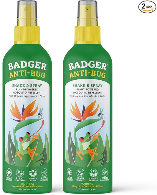 Badger Bug Spray, 3-Hour DEET-Free Mosquito Repellent, Family Friendly, Citronella & Organic Essential Oils, Natural & Vegan Insect Repellent Spray, 8 fl oz Family Size Aluminum Bottle, 2-Pack