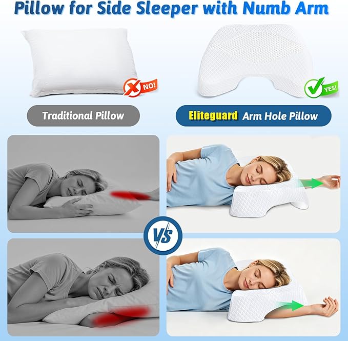 Side Sleeper Pillow with Arm Hole, Shoulder Relief System, Arm Pillow for Neck and Shoulder Pain, Premium Memory Foam, Suitable for Side, Back and Stomach Sleepers - White, 6in Height