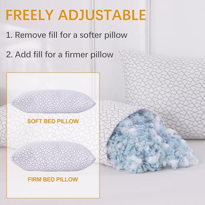 Shredded Memory Foam Bed Pillows Adjustable Hotel Quality Pillows for Side, Back and Stomach Sleeper, Breathable Washable Cover, Oeko-TEX Certified Queen Size Set of 2
