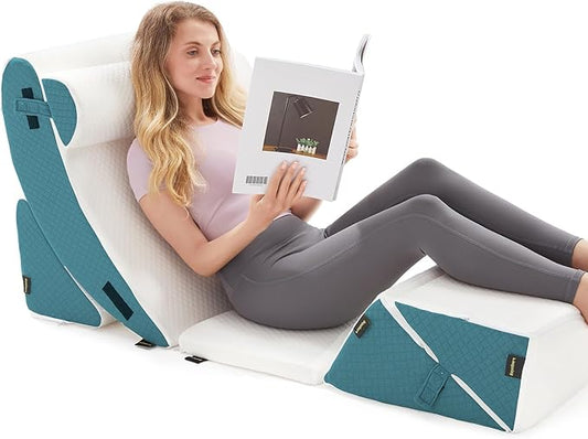 6PCS Orthopedic Bed Wedge Pillow Set for Sleeping - Adjustable Post Surgery Pillow Set for Back Neck Leg Support - Wedge Pillow for After Surgery Snoring & Acid Reflux (White Blue)