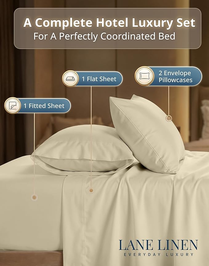 LANE LINEN King Size Bed Sheet Set – 600 Thread Count Long-Staple 100% Cotton Sheet Set King Size, Hotel Premium Soft Silky Sateen Finish, Durable Bedding Set, Elasticised 15" Deep Pocket – Linen
