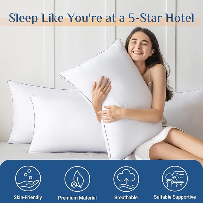 JOLLYVOGUE Pillows Queen Size Set of 1, Washable Supportive Single Bed Pillow with Super Soft Down Alternative Fill, Luxury Fluffy Hotel Quality for Side, Back, and Stomach Sleepers