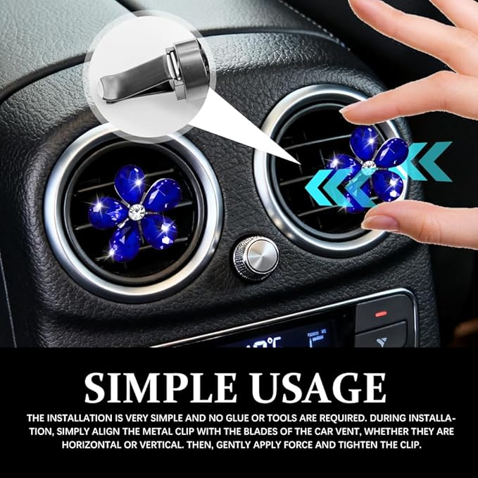 5PCS Bling Daisy Flower Car Air Vent Clips, Car Diffuser Vent Clip, Sparkling Crystal Rhinestone Cute Auto Air Conditioning Clamp, Diamond Air Outlet Clip Decor for Women Girls (Blue)
