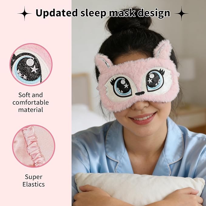 PERFECTSIGHT Sleep Eye Masks, Cute Plush Sleep Eye Cover Lightweight Adjustable Eyeshade Faux Fur Mask Cover for Women Men Sleep Travel Nap, Fox