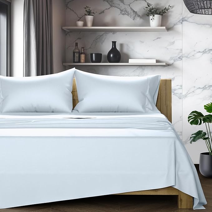 TEXAS LINEN CO. 100% Egyptian Cotton Queen Sheets Set - Luxury 1200 Series Star Sleepin' Collection Egyptian Cotton Sheets Queen Size (4 PC, Light Blue), 17" Deep Pocket, Cooling Hotel Bedding Set