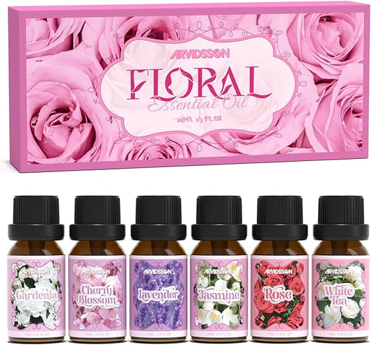 ARVIDSSON Floral Essential Oils Set, Natural Flower Essential Oil Gift for Women - Lavender, Jasmine, Cherry Blossom, Gardenia, White Tea, Rose, 6 x 10 mL