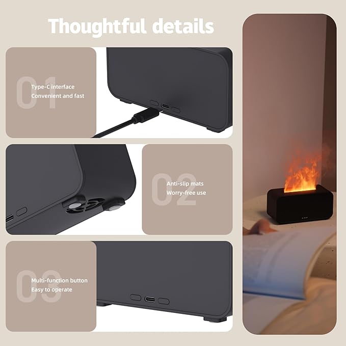 Mini Humidifier with LED Flame, Multiple Color Modes, 120 ml, Essential Oil Humidifier with Timer Adjustment and Waterless Auto Shut-Off for Home, Bedroom and Office(Black)