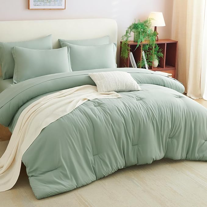 CozyLux Queen Comforter Set Sage Green, 7 Pieces Bed in a Bag Queen Comforter Set with Sheets, Luxury Soft Bedding Sets with Down Alternative Comforter, Fitted Sheet, Flat Sheet, Pillowcases & Shams