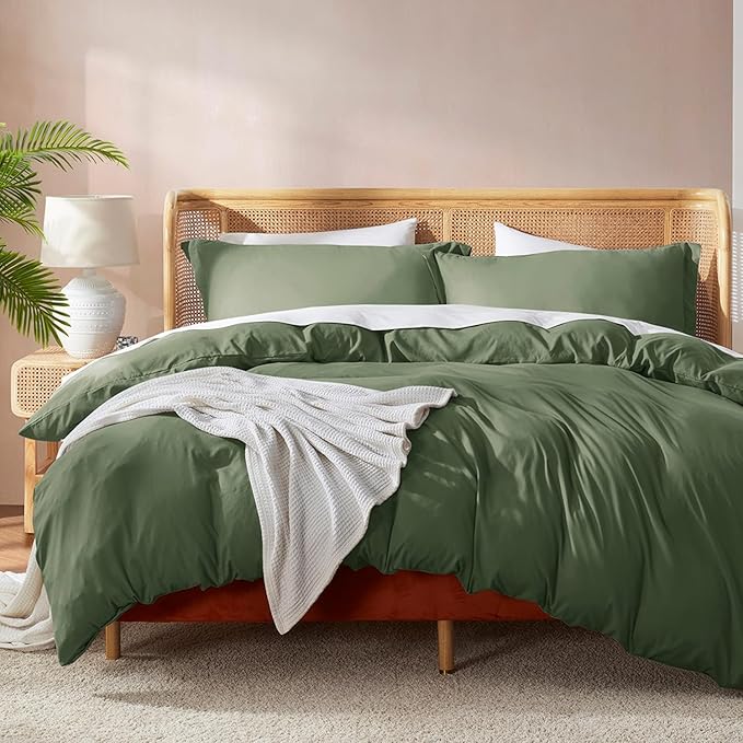 Nestl Twin Duvet Cover Set with Comforter Insert - Olive Green 3 Piece 68x90 Duvet Cover & 1 Pillow Sham with White Quilted Down Alternative Comforter, Ultra Soft, All Season
