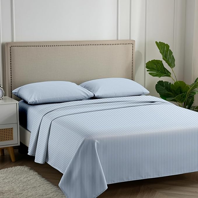 Carressa Linen Luxury Egyptian Cotton California King Stripe Sheet Set - 600 Series Hydrangeas Collection Long Staple (4 PC, Light Blue), Cal King Upto 18 in Deep Pocket, Soft Cooling Sateen Sheets