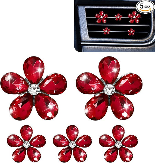 5PCS Bling Daisy Flower Car Air Vent Clips, Car Diffuser Vent Clip, Sparkling Crystal Rhinestone Cute Auto Air Conditioning Clamp, Diamond Air Outlet Clip Decor for Women Girls (Red)