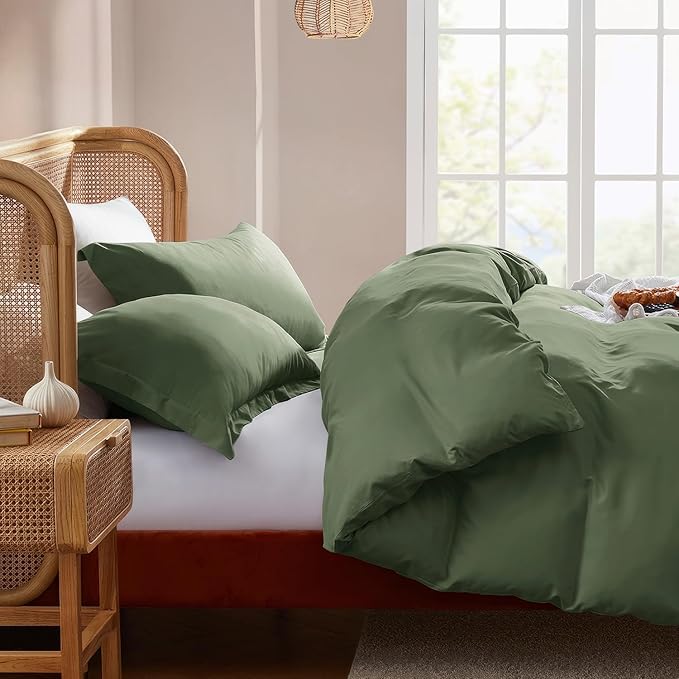 Nestl California King Duvet Cover Set with Comforter Insert - Olive Green 4 Piece 104x98 Duvet Cover & 2 Pillow Shams with White Quilted Down Alternative Comforter, Ultra Soft, All Season