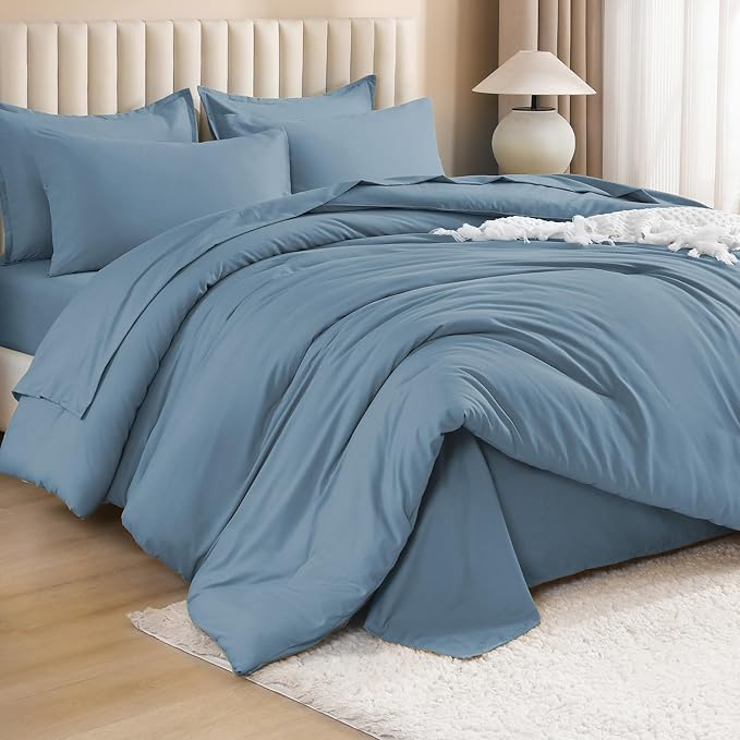 Litanika Comforter Full Size Set Grayish Blue - 7 Pieces Bed in a Bag Full Bedding Comforter Sets, Plain Lightweight Bed Set with Comforter, Sheets, Pillowcases & Shams
