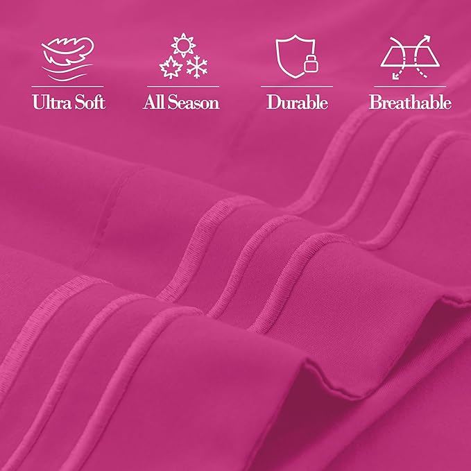 Mocassi 2-Piece Premium Standard/Queen Pillowcase Set 1800 Series Hotel Quality Microfiber - Soft and Breathable with 3-Line Embroidery Wrinkle and Stain Resistant, Easy Care, 20" x 30", Hot Pink