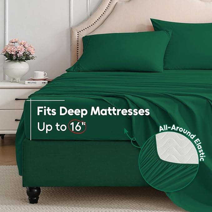 Twin Sheets Set, 3 Pieces Hotel Luxury Soft Microfiber Bed Sheets Set, Up to 16" Deep Pockets, Oeko-Tex Sheets with Elastic, Breathable, Wrinkle Free (Forest Green, Twin)