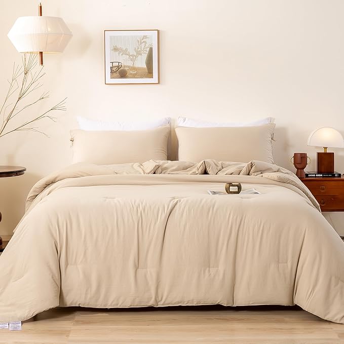 Comforter Set Full Size Bedding, Super Soft Comfy Cozy Solid Double Bed Blanket 1 Down Alternative Comforter and 2 Pillowcase Fluffy Softness Light Weight All Season Use, Khaki Beige