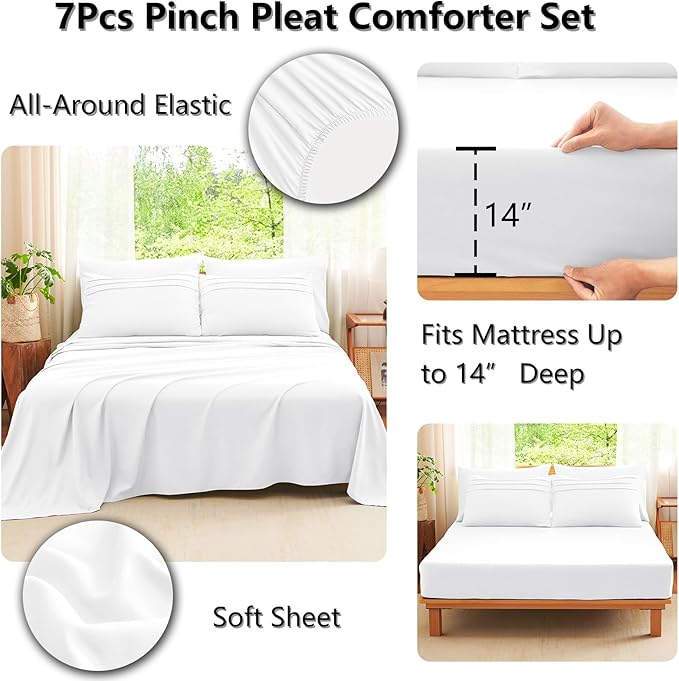 CozyLux Queen Comforter Set White, 7 Pieces Soft Pinch Pleat Bed in a Bag Queen Comforter Set with Sheets, Boho Bed Set with Down Alternative Comforter, Sheets, Pillowcases & Shams
