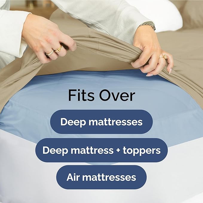 Extra Deep Twin Sheet Set - 3 Piece Breathable & Cooling Bed Sheets - Easily Fits 18 to 24 inch Mattress - Ultra Soft, Wrinkle & Fade Free w/ Extra Deep Pockets - Comfy Hotel Luxury Bedding - Beige