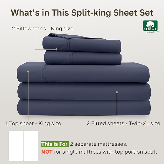 California Design Den Soft 100% Cotton Split King Bed Sheets Set, 400 TC Good Housekeeping Award Winner, Smooth Sateen, Deep Pockets, Cozy & Durable Split King Bedding Set - Indigo Dusty Blue